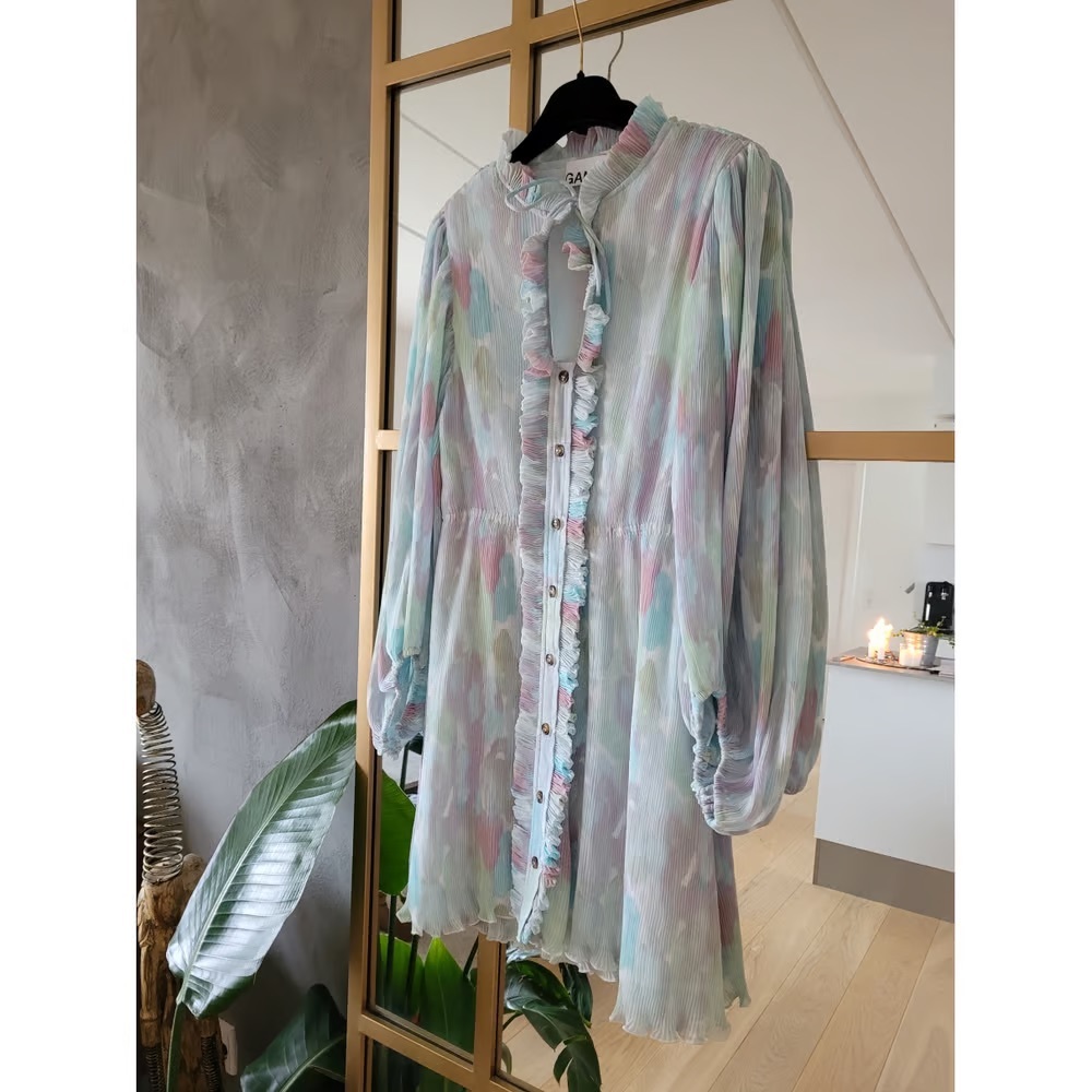 Ganni Micro Pleat Green & Purple Puff Sleeve
Button Down Mini Dress